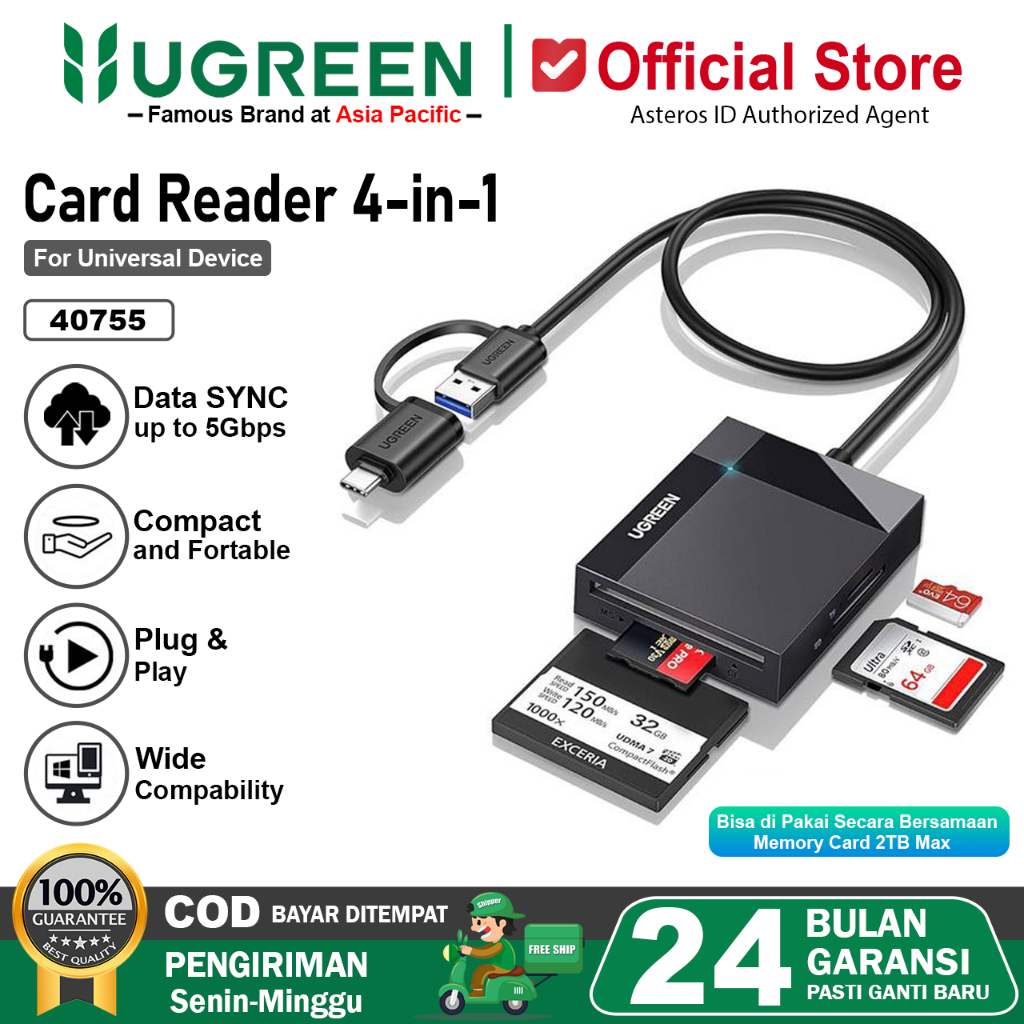 UGREEN Card Reader USB 3.0 With OTG Type C Plug Speed 5Gbps 40755