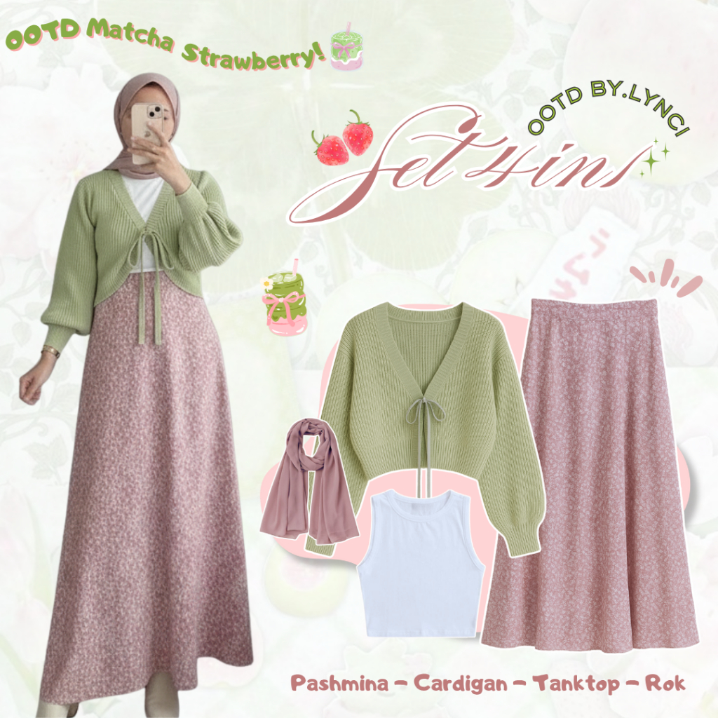 One Set Kekinian 4in1 ( Cardigan Rajut - Tanktop - Rok Motif Bunga - Pashmina Hijab ) Set Outfit Kor