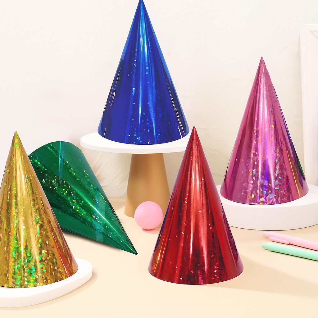 TK Hologarland Polos | Topi Kerucut Pesta Ulang Tahun Anak| Laminating Hologram ( Grosir 1 Bal 12 Pa
