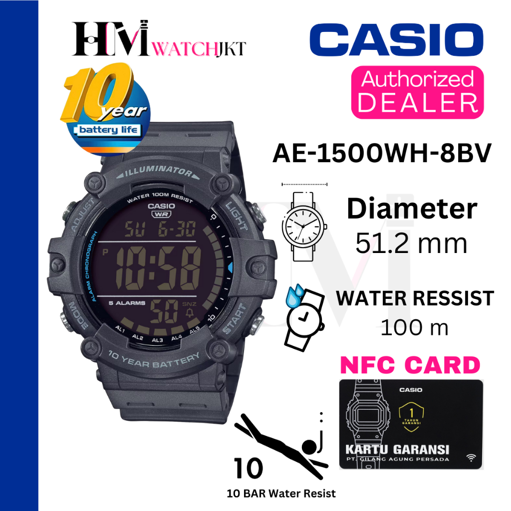 CASIO AE-1500WH-8BVDF Jam Tangan Pria Original Digital Rubber Antiair AE-1500WH-8BV AE-1500WH AE1500
