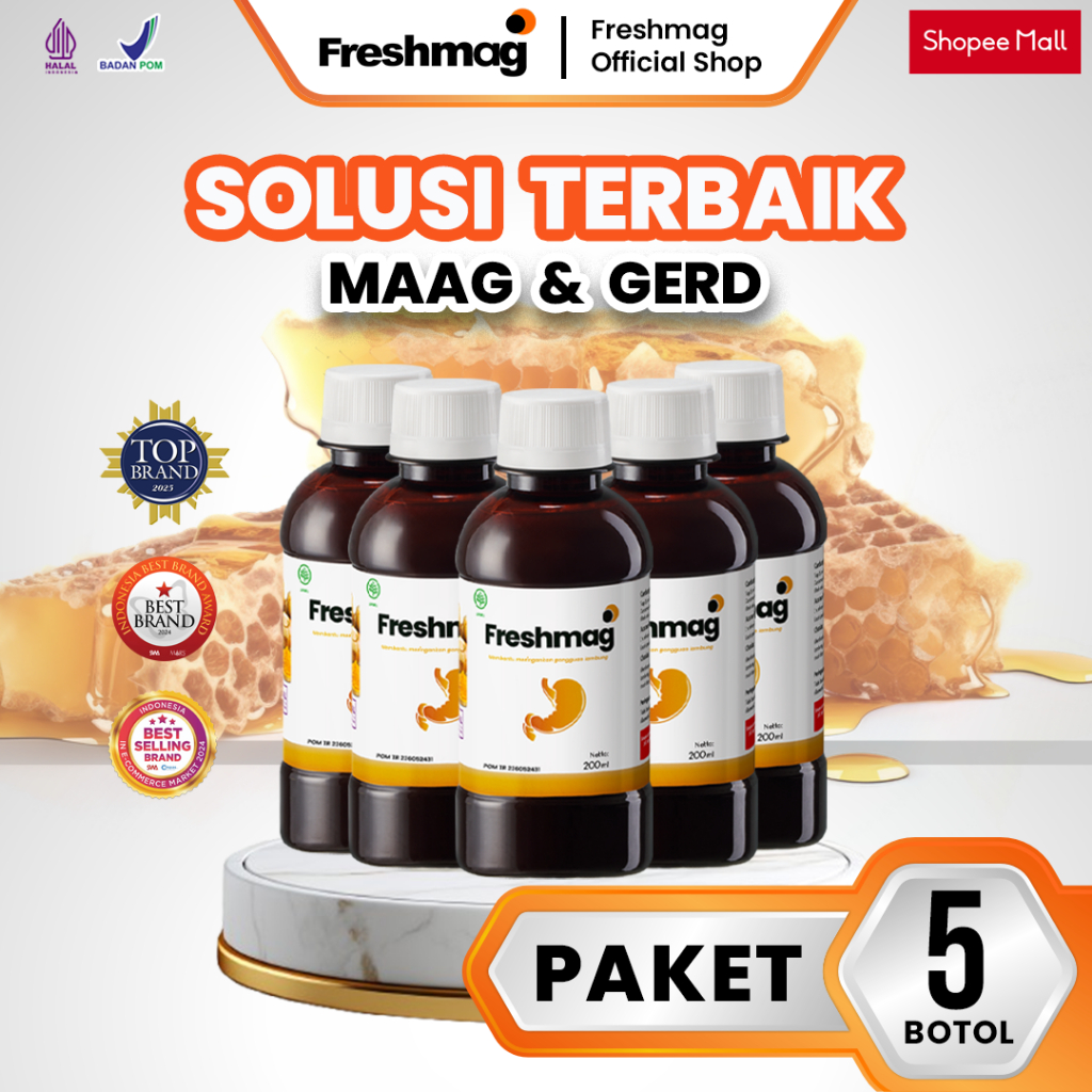 PROMO Madu Lambung Freshmag Paket 5 Botol - Obat Lambung Asli Herbal Terbaik Atasi Maag Kronis Asam 