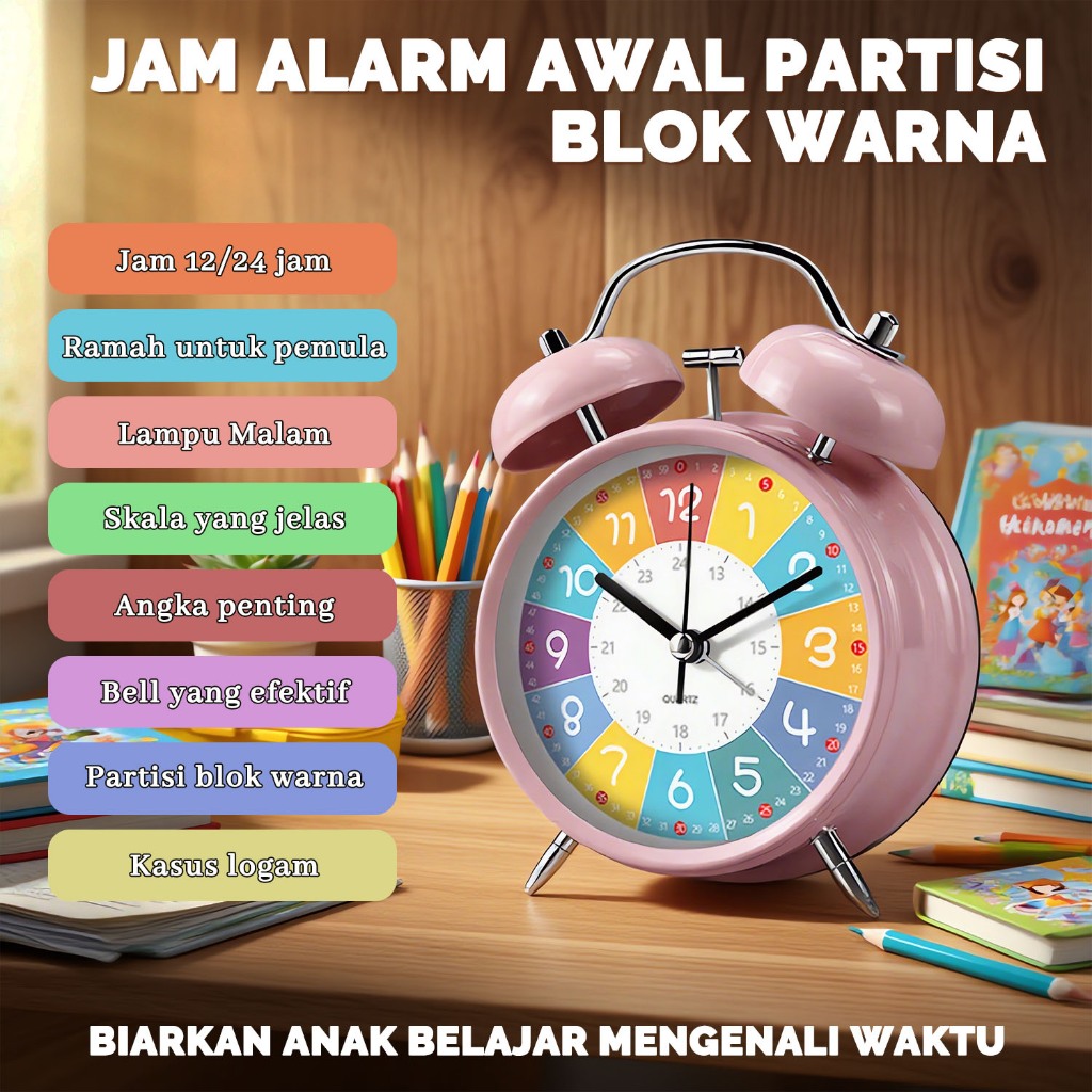 Jam Alarm Analog Klasik Anak Belajar Waktu, Twin Bell 4.5", Suara Keras, Tenang Tanpa Tik-Tik, Lampu