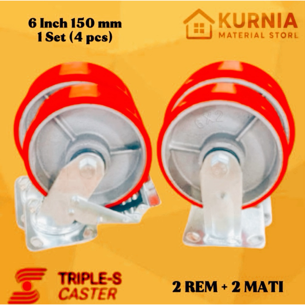 (4pcs) Roda Troli 6 inch 150 mm PU Heavy Duty ( 2 Rem + 2 Mati )