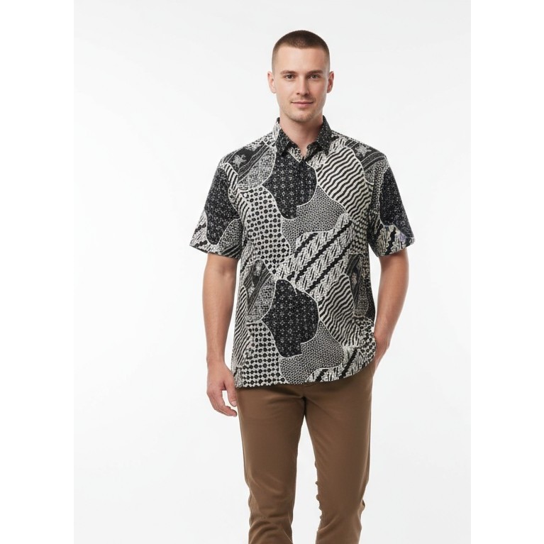 Kemeja Hem Batik Pria Lengan Pendek Hitam Putih 56 - Batik Nulaba