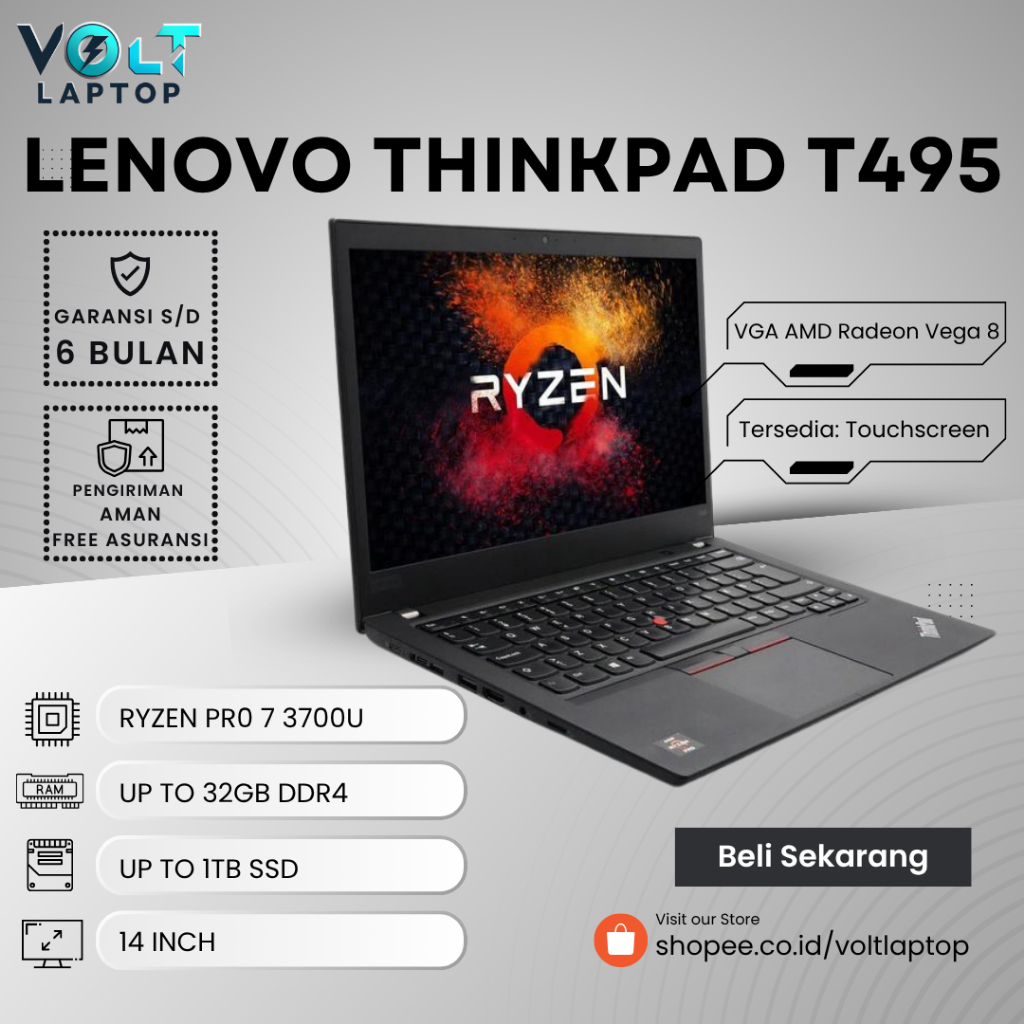Laptop 14" Lenovo Thinkpad T490 T495 Ryzen 7 VGA 2GB Touchscreen Ram 32GB SSD 1TB Second Bergaransi