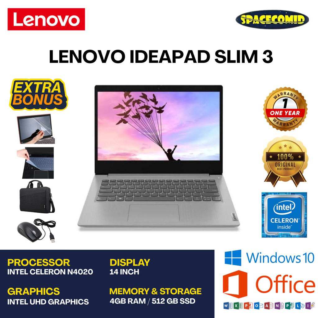 LENOVO IDEAPAD SLIM 3 [CELERON N4020] 4GB RAM | 512GB SSD | 14 INCH | FREE ACC