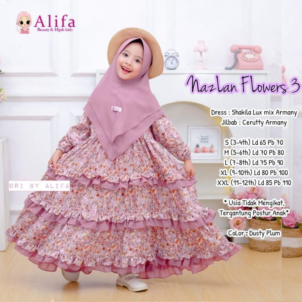 NAZLAN FLOWERS 3(Original Alifa) pakaian muslim anak cewek perempuan gamis syar'i free jilbab terbar