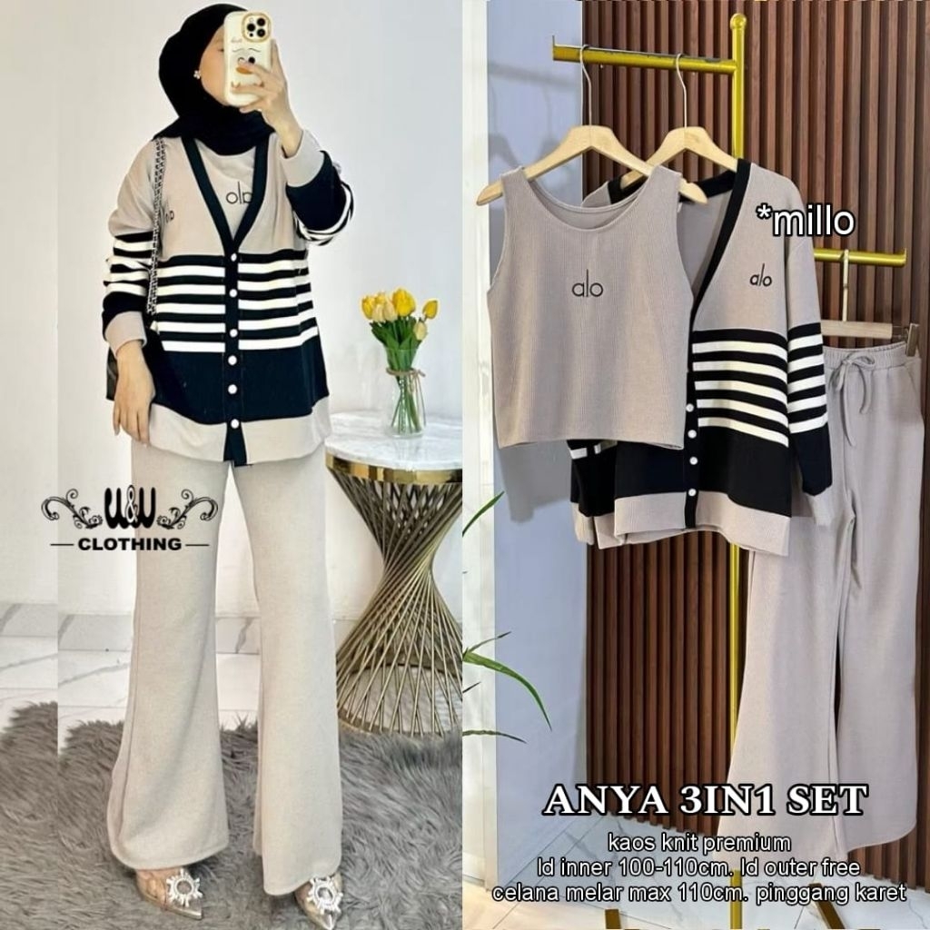 WW - Anya Set Celana Wanita • Kaos Knit Premium Outer Free • Celana Melar Pinggang Karet