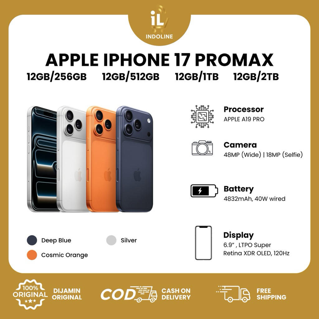 APPLE IPHONE 17 PRO MAX RAM 12/256GB OR 12/512GB OR 12/1TB OR 12/2TB A19 PRO CHIP GARANSI RESMI