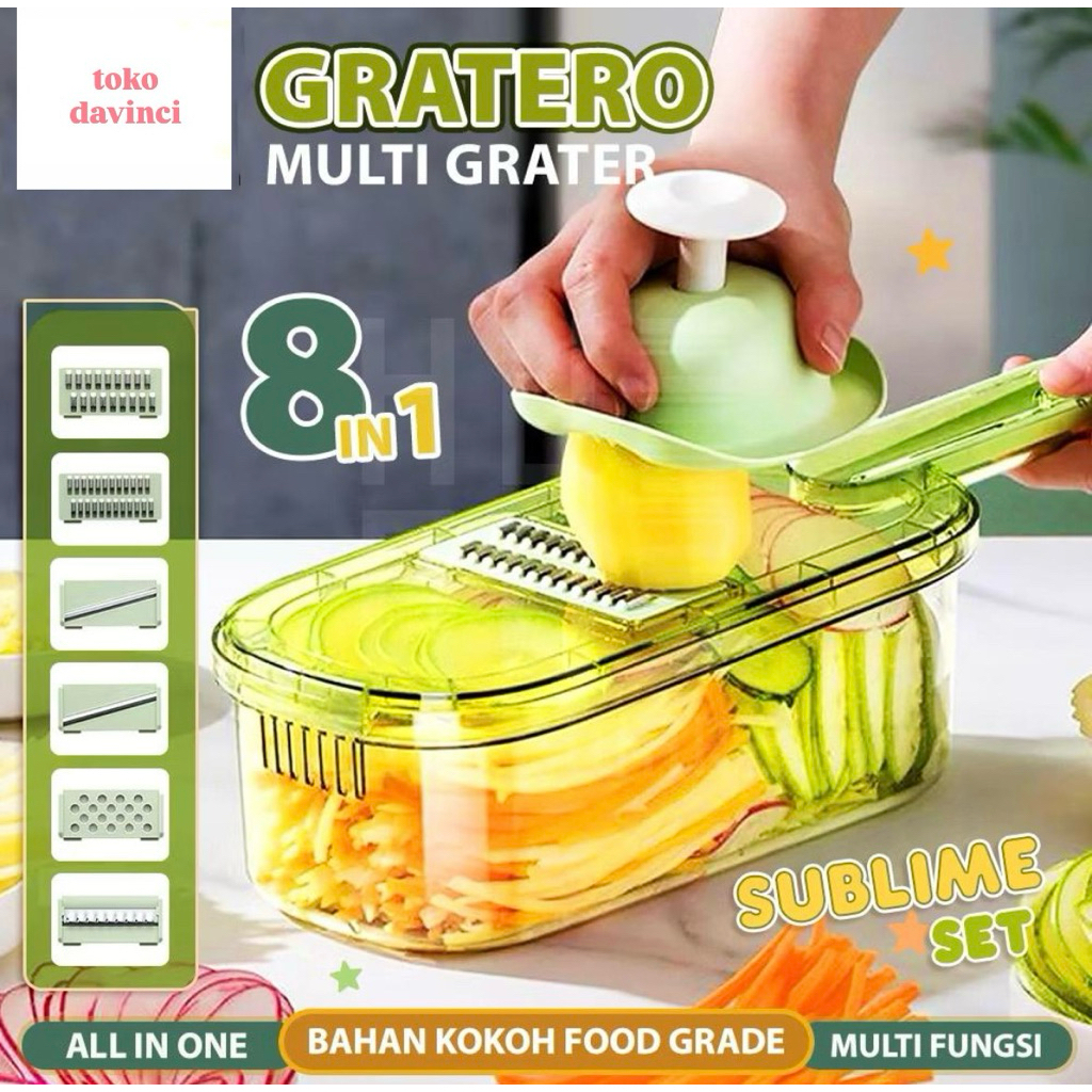 DAVINCI Parutan sayur dan buah 8 in 1 parutan serbaguna pemotong iris sayur dengan wadah premium