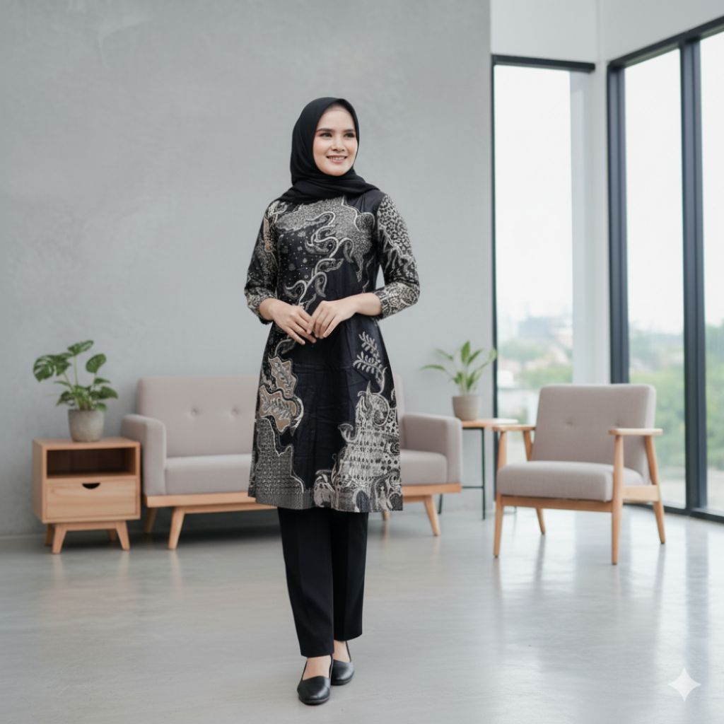 Batik Wanita Tunik Modern Kancing Depan Bahan Katun - Baju Seragam Cewek Pesta Kantor Acara Pernikah
