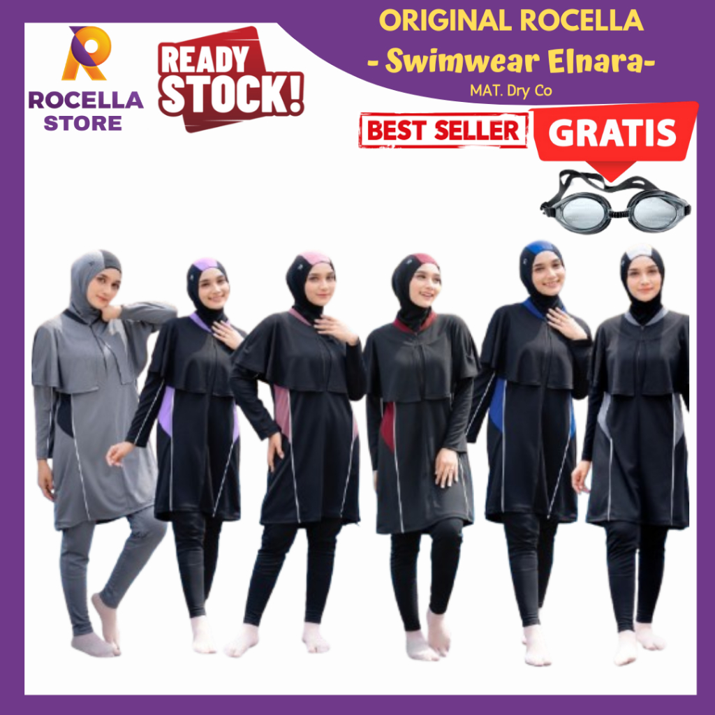 Swimwear Elnara Original Baju Renang Wanita Muslimah Syar'i Pakaian Renang Dewasa Warna Hitam