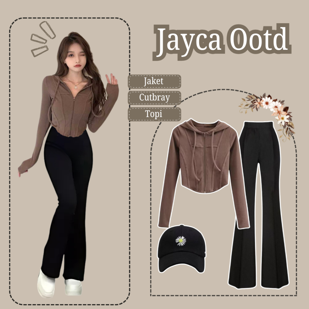 Ootd Korean Kekinian { Zipper + Celana Cutbray + Topi } Set Wanita Kekinian.