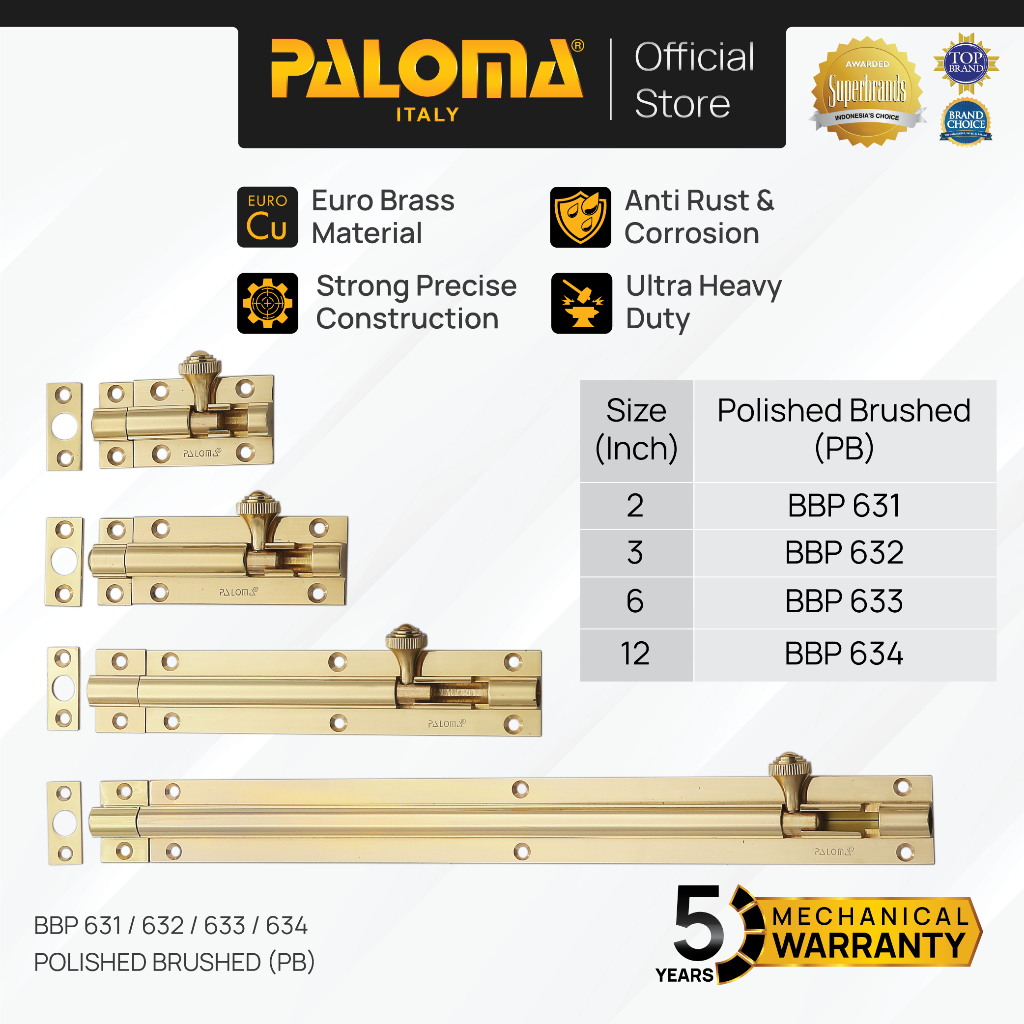 PALOMA Barrel Bolt Slot Jendela Pintu Grendel Gerendel Window Door Brass Kuningan 2” 3” 6” 12” 2 3 6
