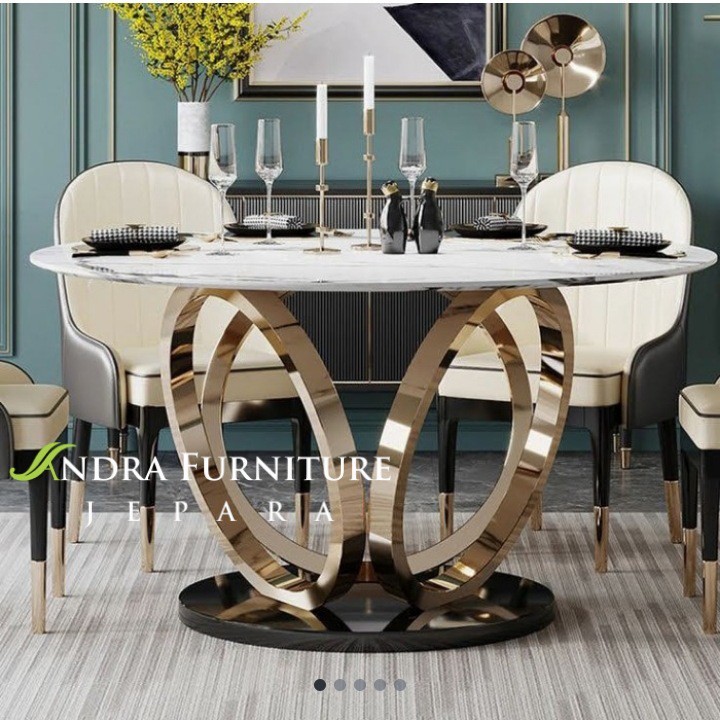 Set Rangka Kaki Meja Makan Stainless Gold Bulat Bulat Top Marmer Exclusive