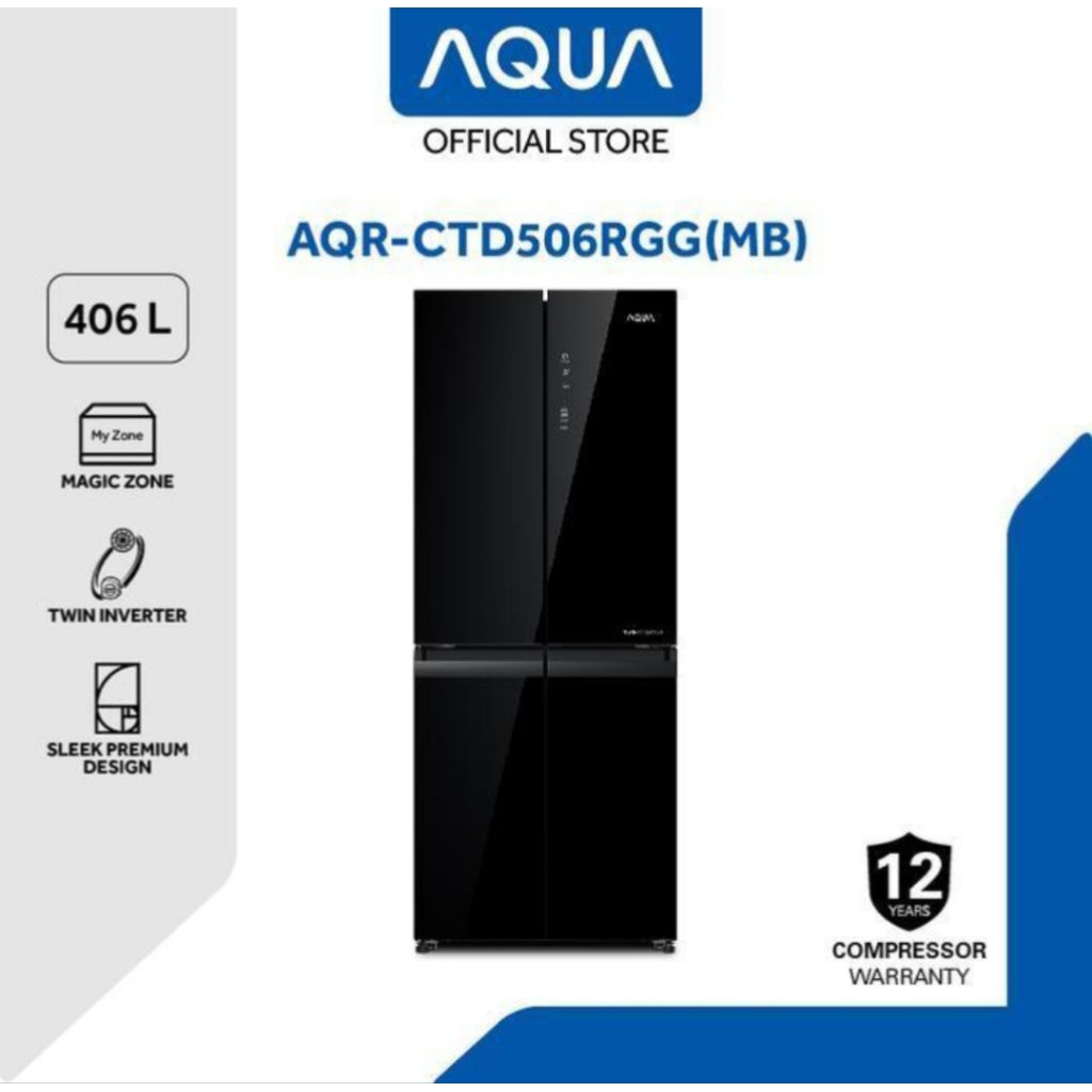 KULKAS AQUA MULTIDOOR 406LITER DUO FRESH TWIN INVERTER AQR-CTD506RGG KULKAS SIDE BY SIDE 4 PINTU GLA