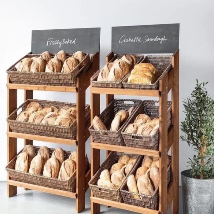 custom rak display roti minimalis kayu