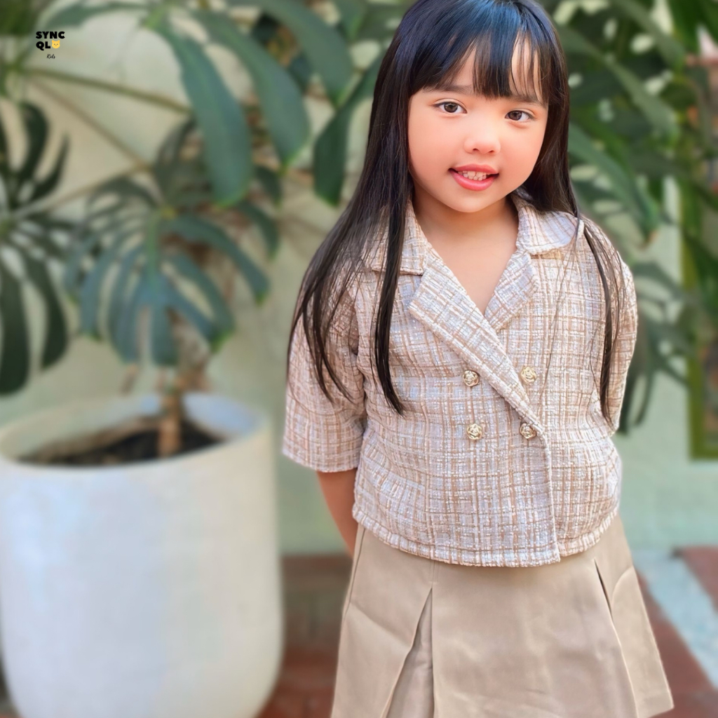 Syncqlokids Blazer Tweed Anak Perempuan  (Full Furing) Lengan Pendek Korean Style