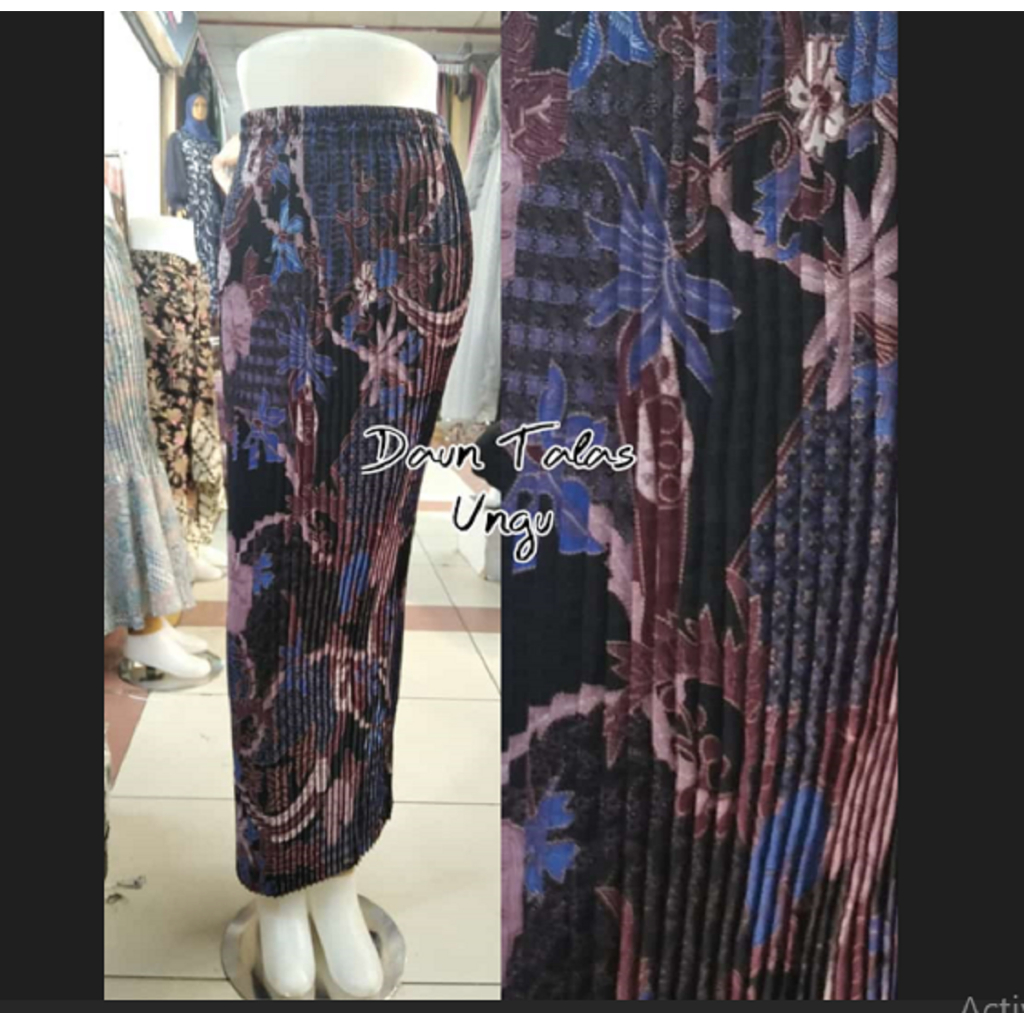 Rok Batik Wanita Model Plisket Bahan Semi Sutra Silky Motif Daun Talas Warna Ungu