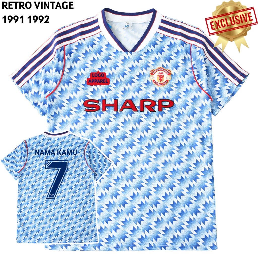 Retro Jersey Mnchstr untd Away 1991 1992 Baju bola Biru Custom Nameset MU Vintage 91 92 JTI store