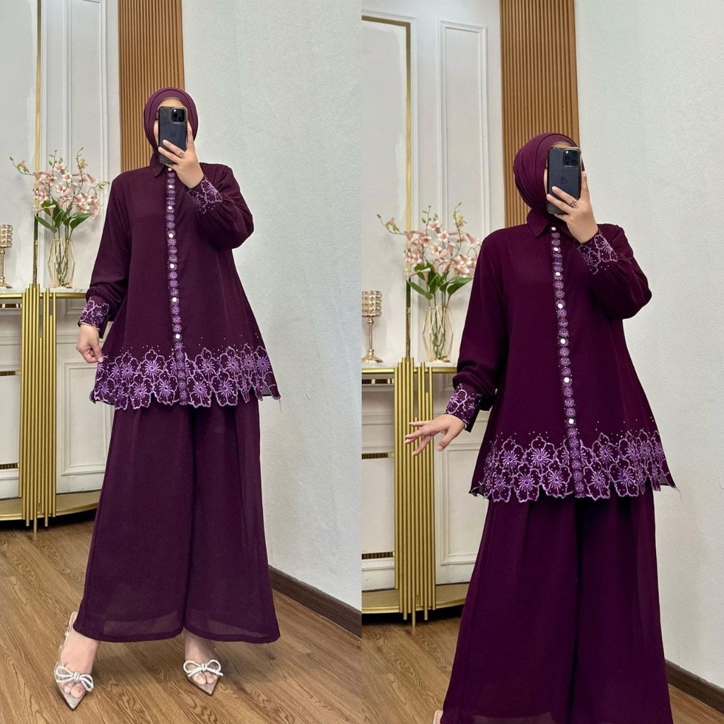 Nura Collection Official - Safiya One Set - Setelan Celana Wanita Model Terbaru Bahan Ceruti - Setel