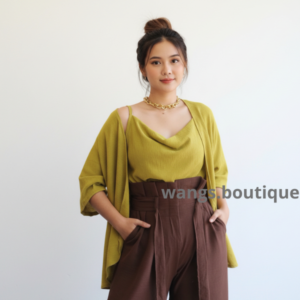 1 Set Premium Cardigan Lengan Pendek Outer + Inner Blouse Tali Leher Cowl Neck Setelan Atasan Wanita