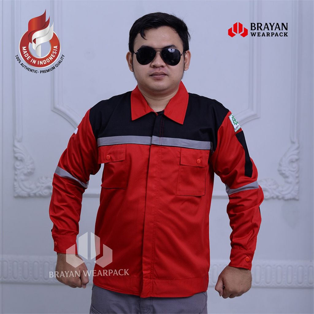 Baju Kerja Wearpack Safety Kemeja Proyek Lengan Panjang Wearpack Safety Merah Hitam