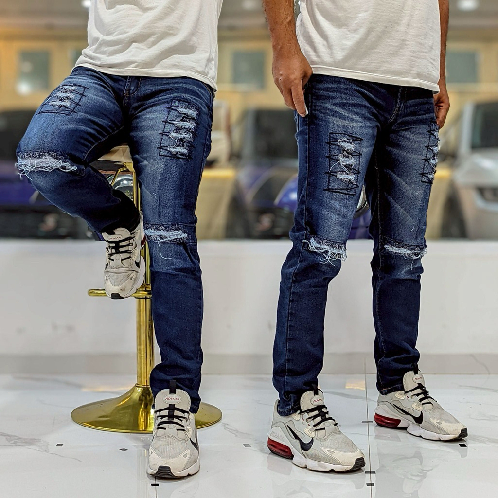Celana Jeans denim Sobek petir Premium slimfit