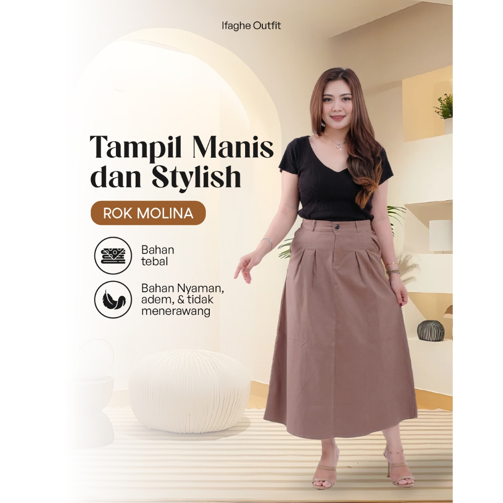 Rok Panjang Molina Bahan Katun Twill Model Kancing Rempel untuk Kerja Kuliah Warna Netral Hitam Abu 