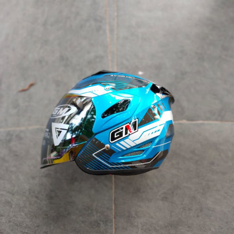 HELM HALF FACE GM FIGHTER MOTIF CORAK VENDER KACA PELANGI RAIMBOW-RED/SILVER ,TANPA SPOILER
