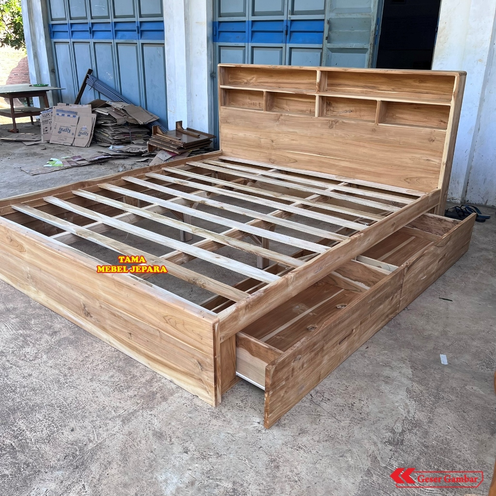 Tempat Tidur Jati Minimalis Laci Bawah 180x200 | Dipan Kayu Solid Rak Kepala | Bed Frame Storage Jep