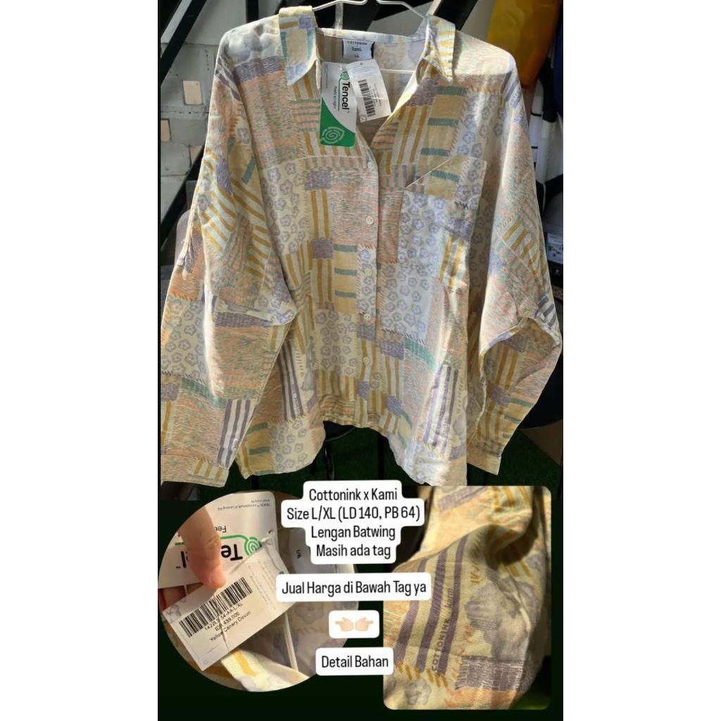 • PR*LOVED • Atasan Kemeja Cottonink x Kami, size L/XL (LD 140, PB 64), lengan batwing
