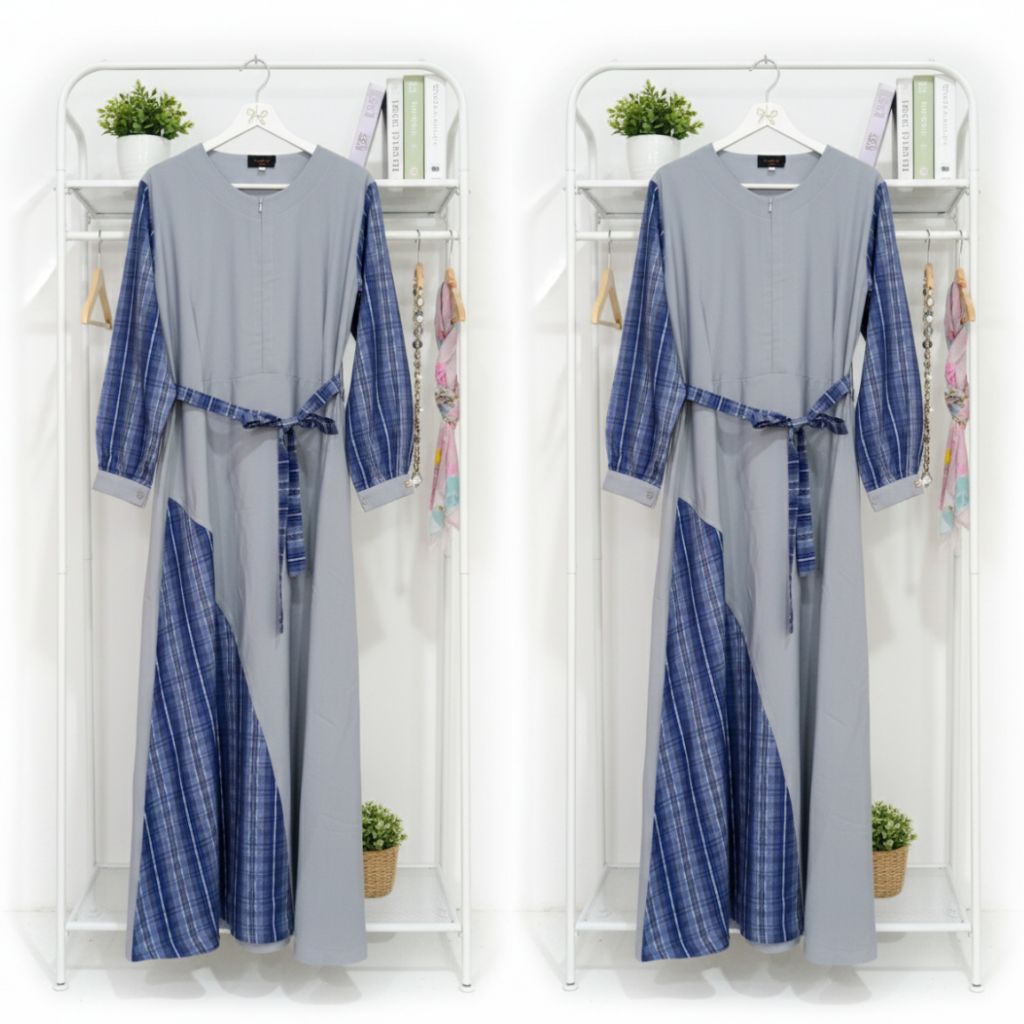 Preloved Gamis Salafi Costum Motif Songket Abu-Abu Navy