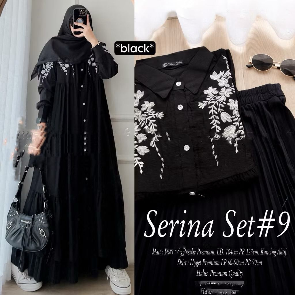 Serina Set Rok Atasan Krinkle Crinkle Bordir Cantik Kancing Long Tunik Bawahan Plisket Polos Baju Se