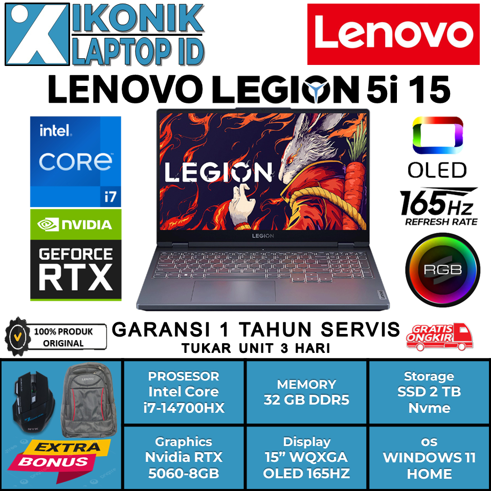 Laptop gaming Lenovo LEGION 5i 15 OLED Intel Core i7 14700HX Nvidia RTX 5060-8GB Ram 32GB Ssd 2 TB