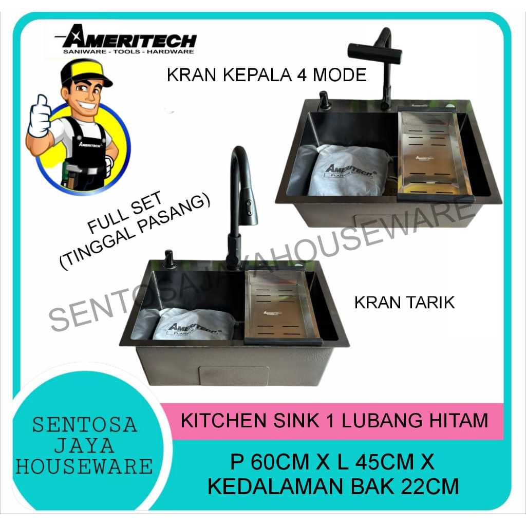 BAK CUCI PIRING HITAM 1 LUBANG 60X45CM / SINK WASTAFEL CUCI PIRING 1 LUBANG HITAM STAINLESS