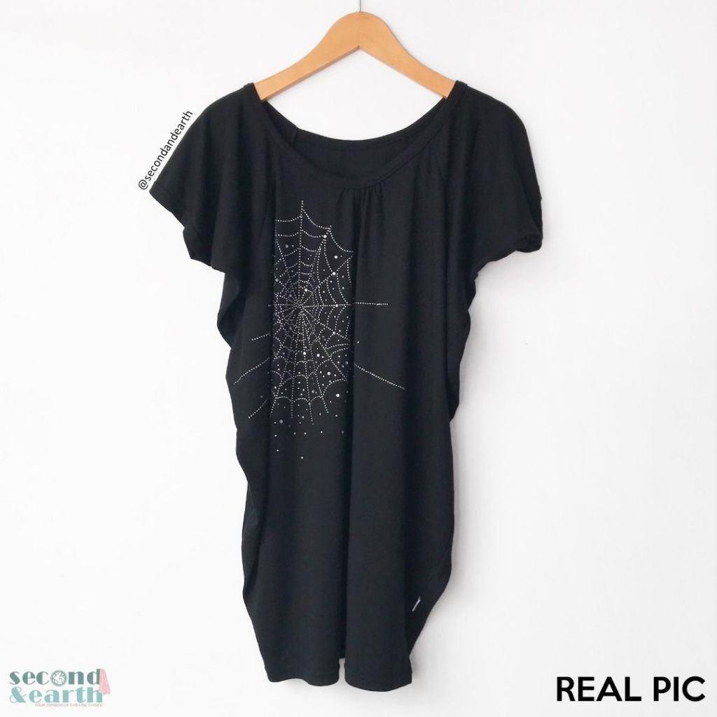 Oversized Mini Dress Kaos Casual Lengan Pendek [Freesize LD 114] Batwing Hotfix Terusan Pendek Spand