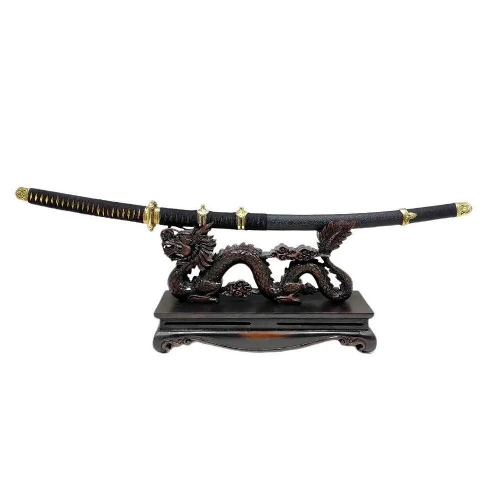 Stand Dudukan Katana Samurai Kayu jati Motif Ukiran Naga Liong