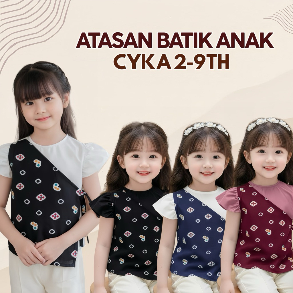 BAJU ANAK BATIK ATASAN CYKA KOMBINASI BATIK POLOS ANAK PEREMPUAN