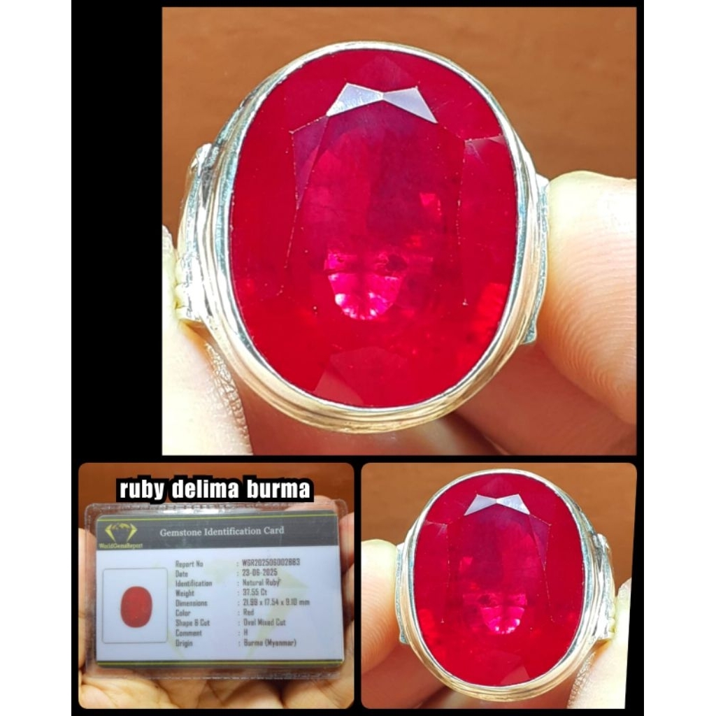 permata Ruby delima Burma jumbo HQ + ring perak asli