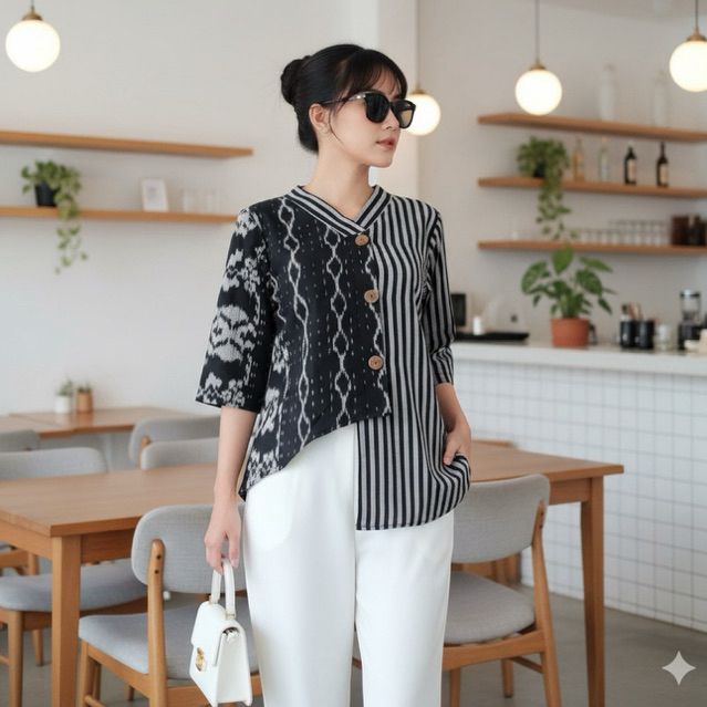 Shanaya Blouse Croptee tenun troso Modern Blus batik kerja wanita coklat hitam