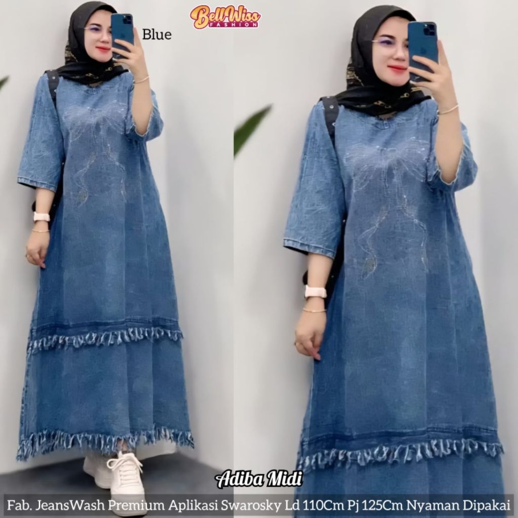 MIDI DRESS JUMBO/ADIBA/DRESS MIDI WANITA JEANS WASH PREMIUM LD 110 CM FIT XXL