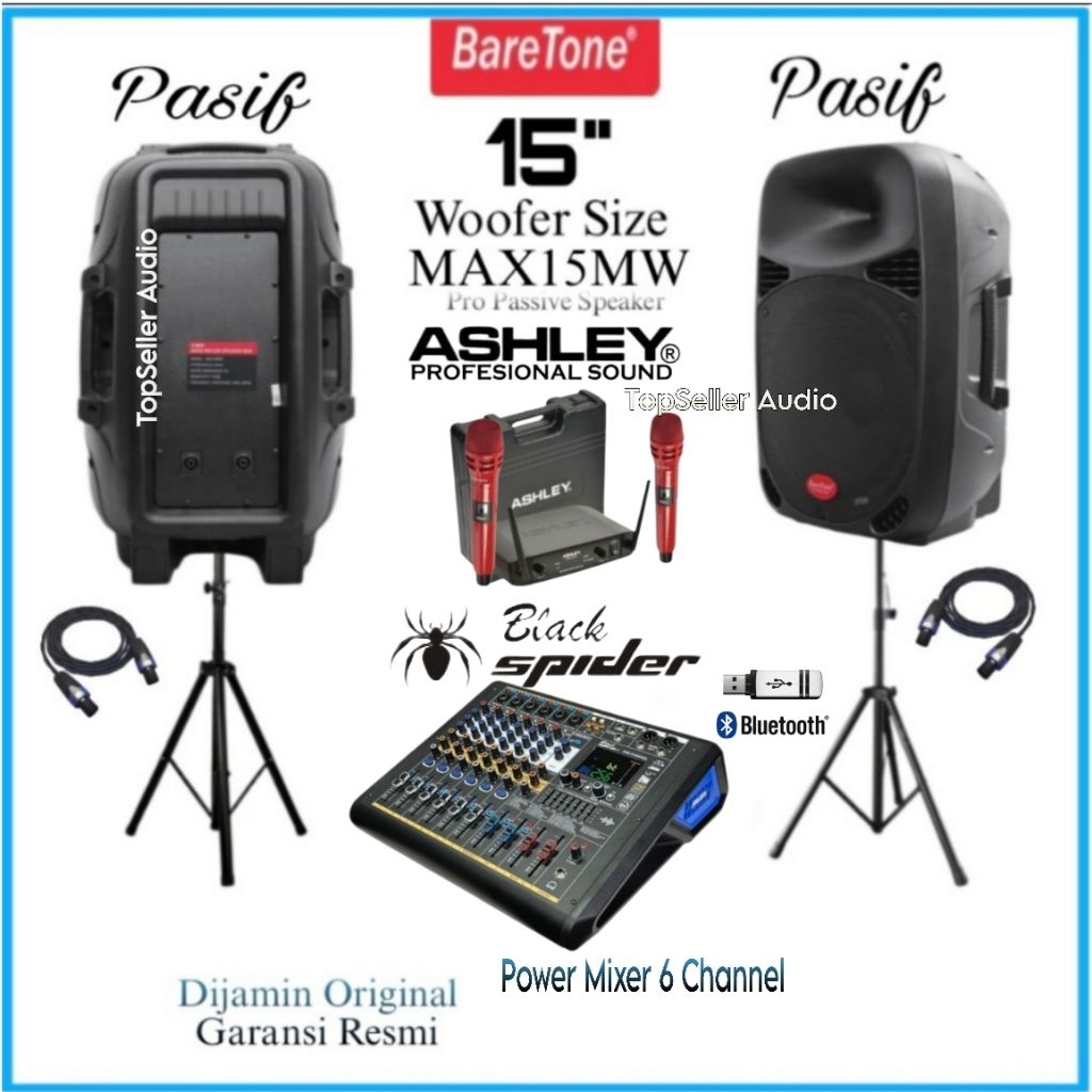 Paket Soubd System Karaoke Live Musik Speaker 15 Inch BareTone Max15Mw Power Mixer BlackSpider ER6 M