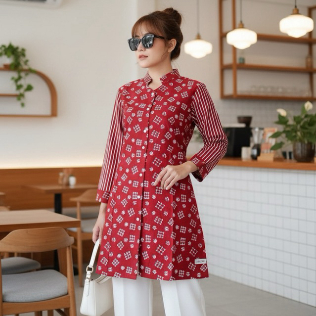 Shanaya Baju Batik Wanita Tunik Marun Cap Garutan Full Kancing Depan Lengan Panjang Batik Kerja Wani