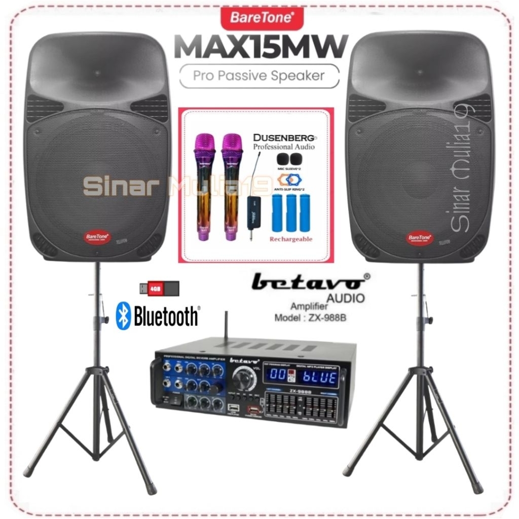 Paket Karaoke Speaker 15 Inch BareTone Max15mw Amplifier Betavo ZX-988B Mic Wireless DusenBerg