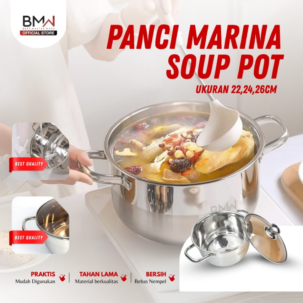 BMW Kitchenware - 24CM Panci Sup Stainless Steel Tebal Premium Panci Mie Soup Pot Panci Sop Panci Ma