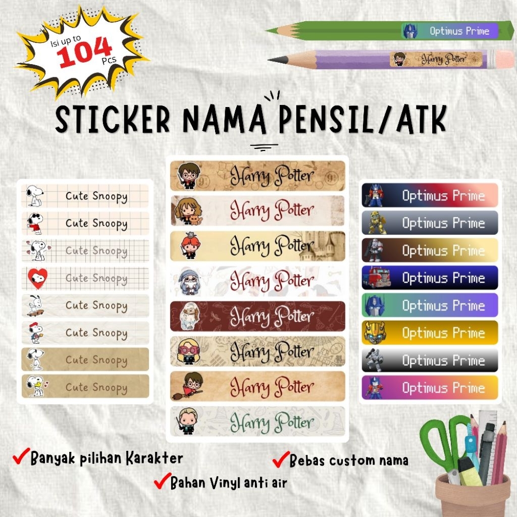Stiker Label Nama Pensil Custom anti air | Stiker Nama ATK