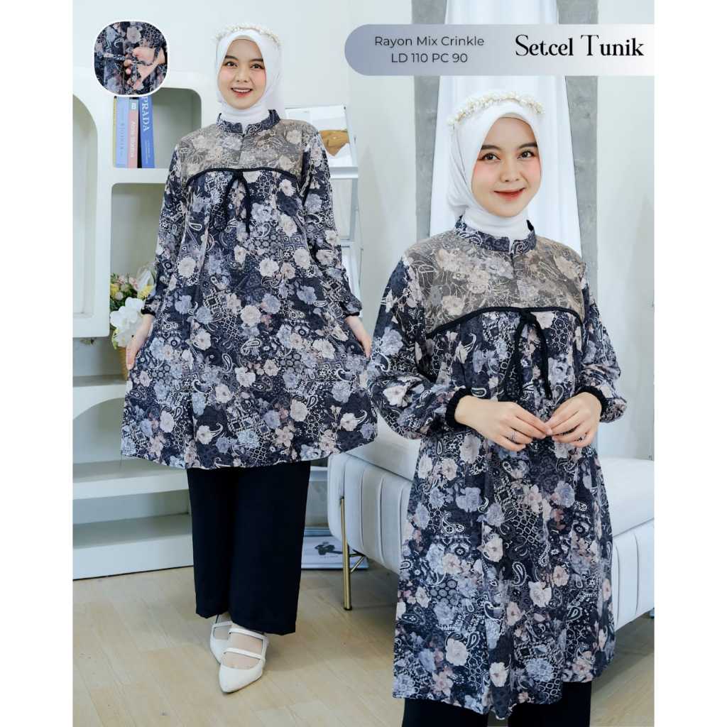 Setelan Jamila / Setelan Baju Celana Wanita Motif Bunga Pita / Baju Long Tunik Wanita / Baju Wanita 