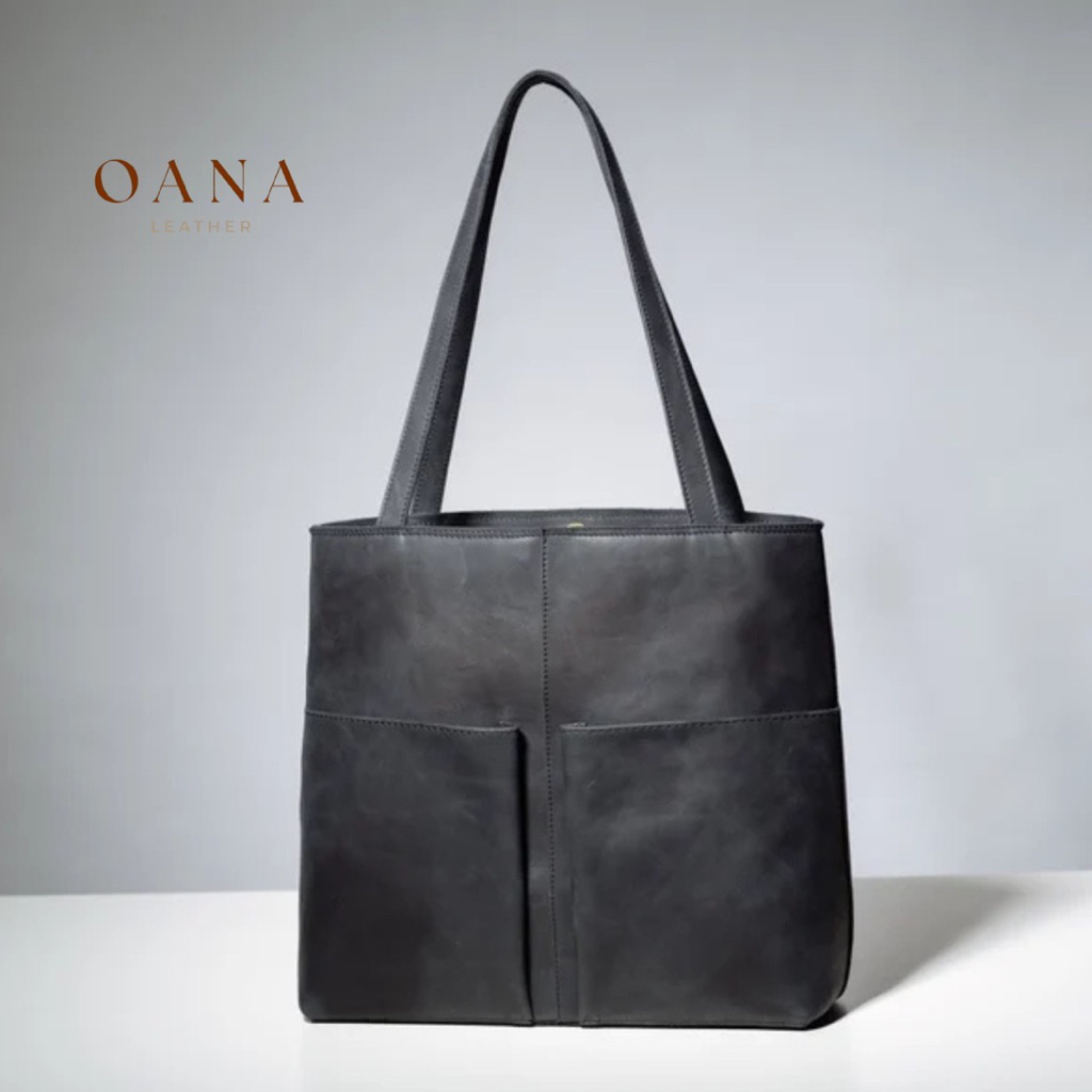 OANA Tas Tote Kulit Hitam, Tas Belanja untuk Wanita, Tas Tote Guru Sekolah, Tas Bahu, Kulit Lembut R