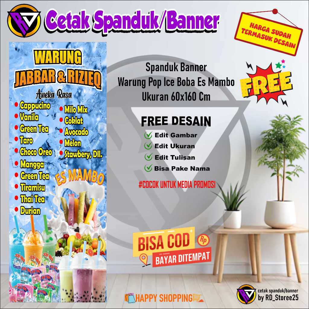 Spanduk Banner Warung Pop Ice Boba Es Mambo Ukuran 60x160 Cm